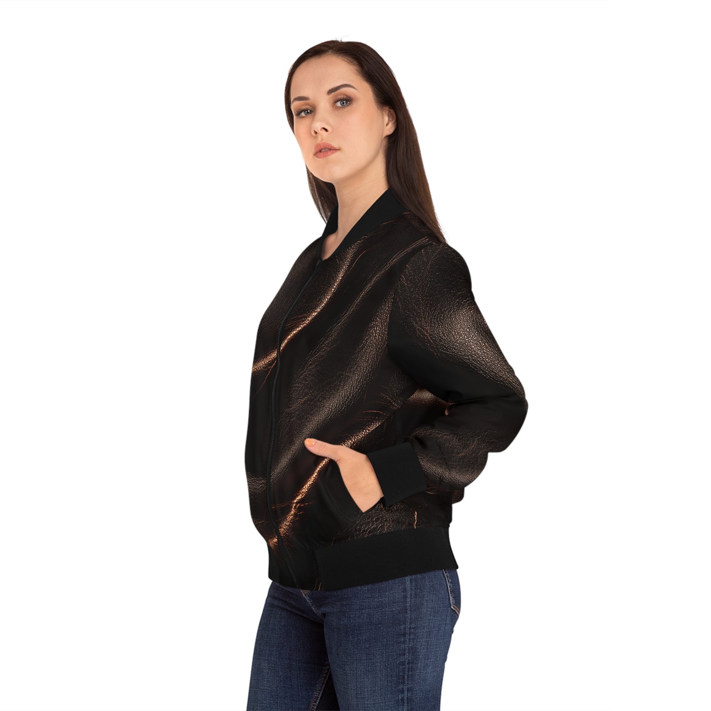 Leather Print Bomber Jacket with Glossy Finish