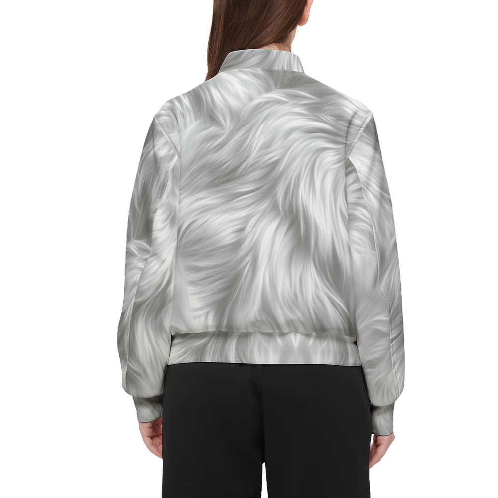 White Fur Print Women's Warm-Up Bomber Jacket