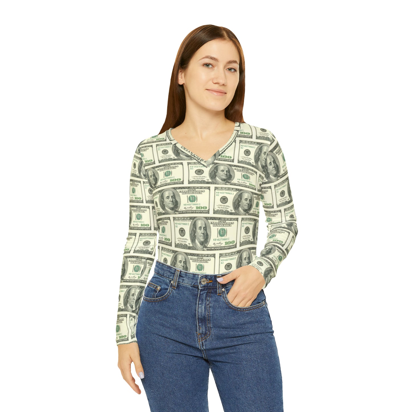 Cash Print V-neck Top