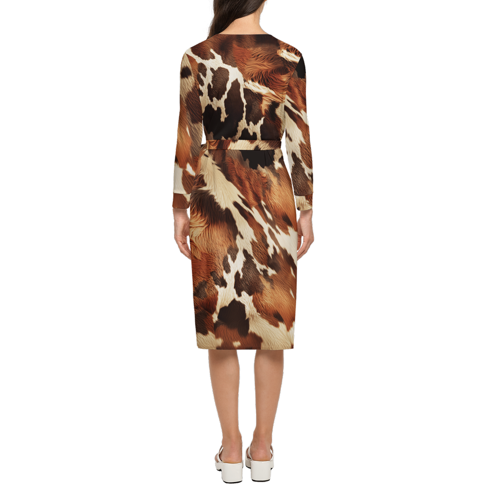 Cow Print ¾ Sleeve Wrap Dress (Heavy Knit)