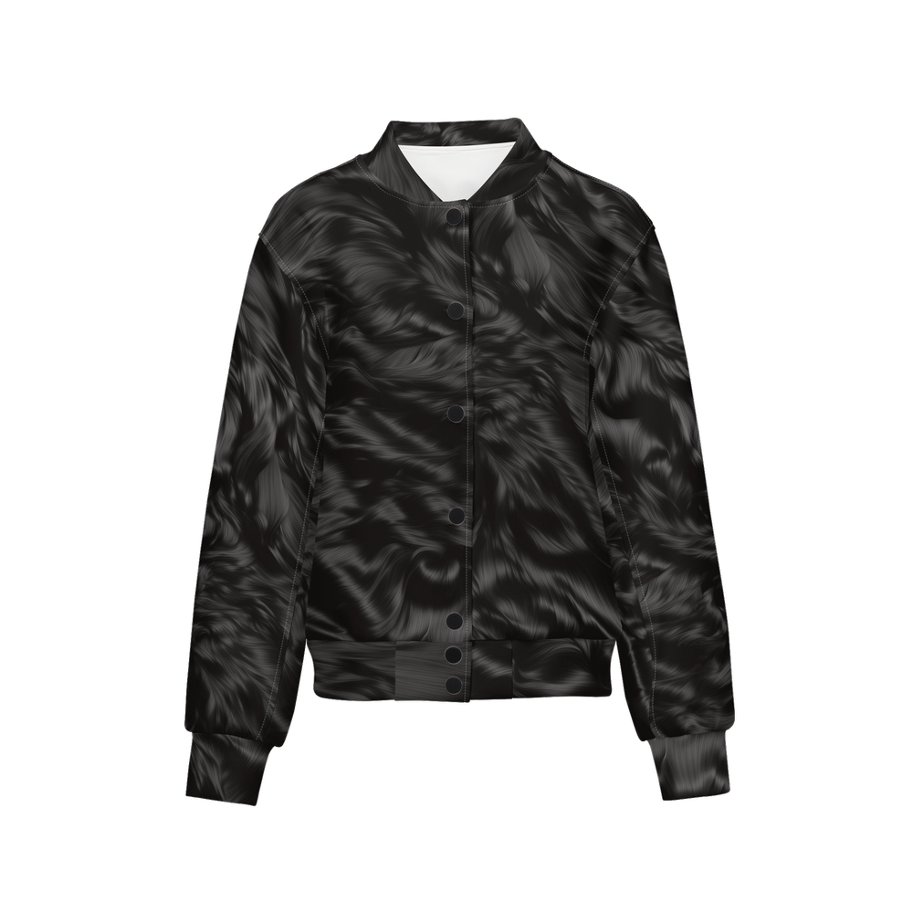 Black Fur Print Women's Warm-Up Bomber Jacket