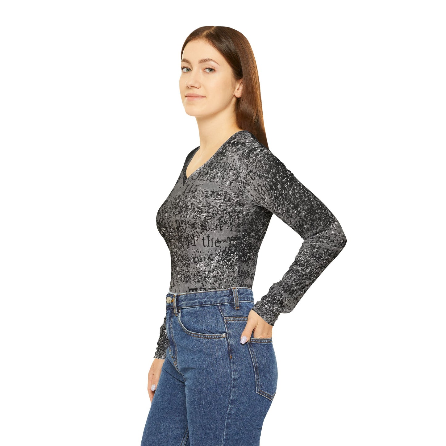 Glittered Inscription Long Sleeve V-neck Shirt