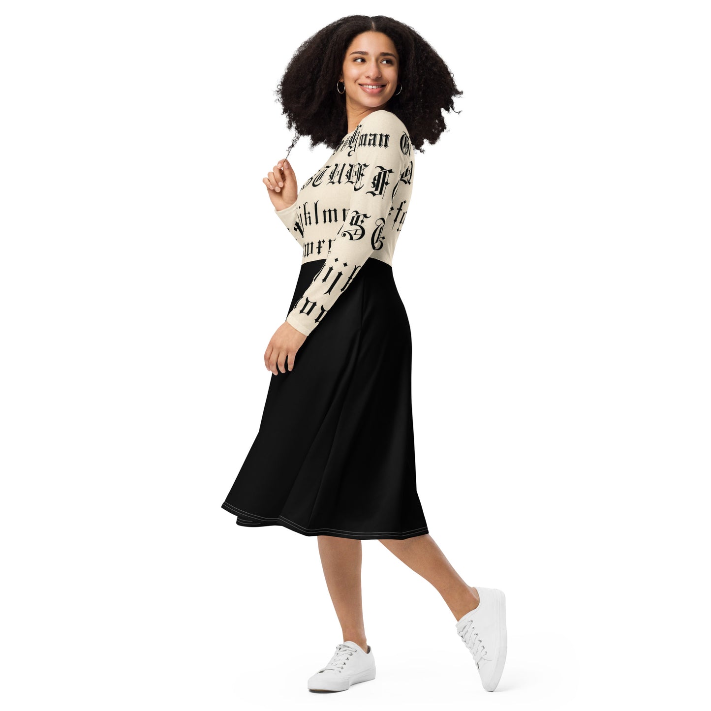 Gothic Inscription Long Sleeve Midi Dress