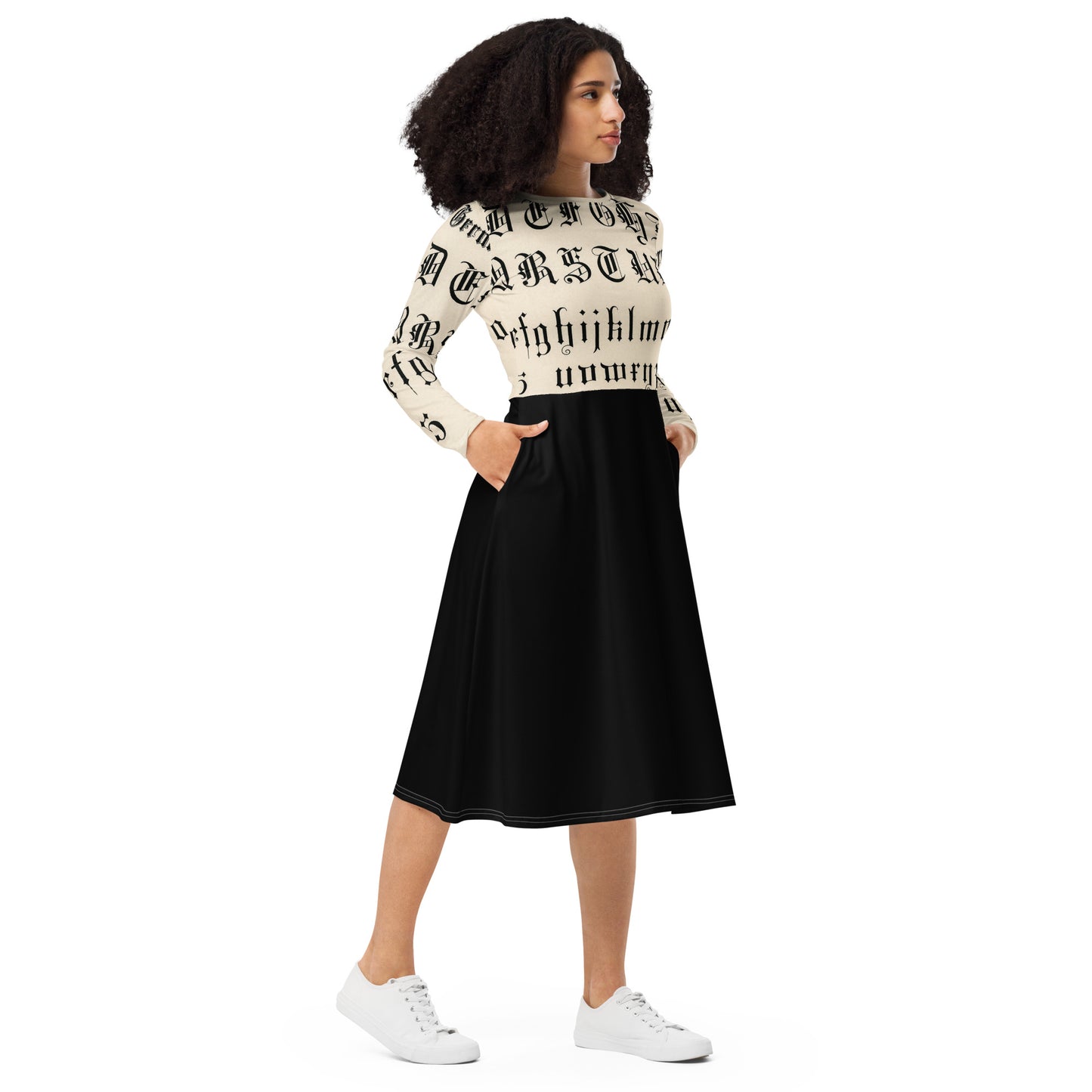 Gothic Inscription Long Sleeve Midi Dress