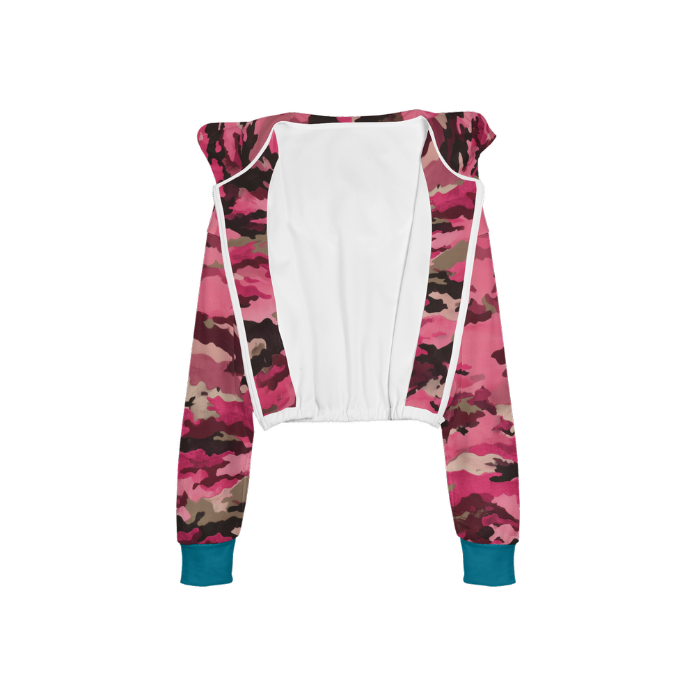Pink Camouflage Cropped Zip Hoodie With Turquoise Blue Cuffs (Super Heavy)