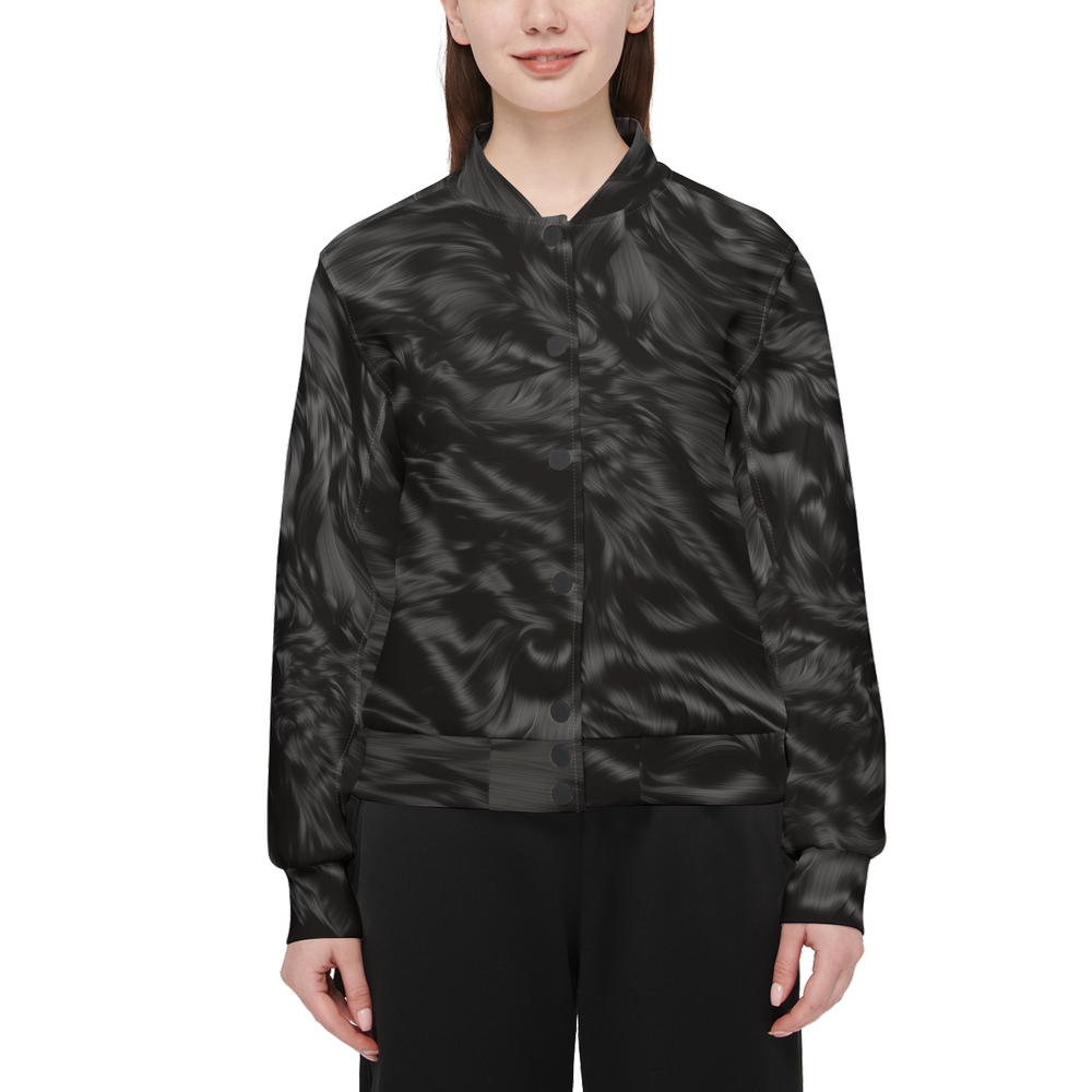 Black Fur Print Women's Warm-Up Bomber Jacket