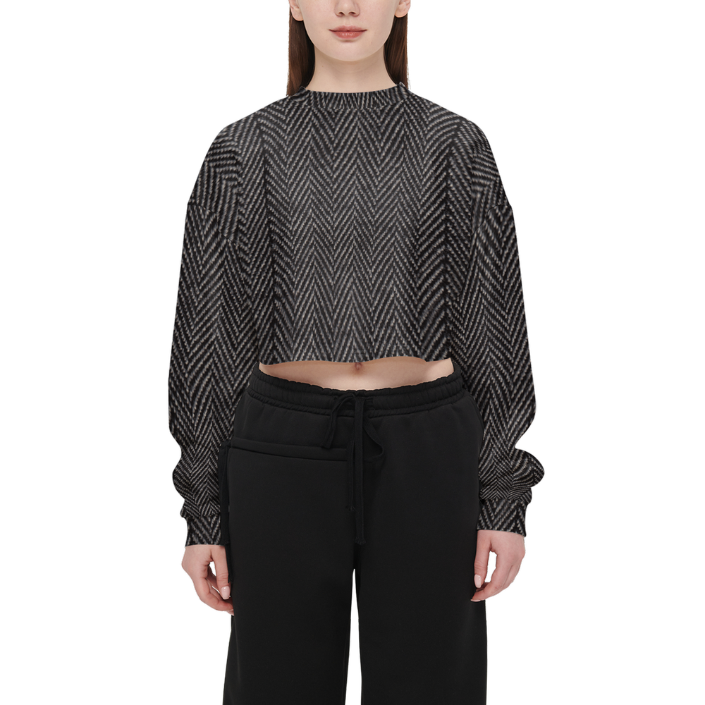 Tweed Print Cropped Crewneck Sweatshirt