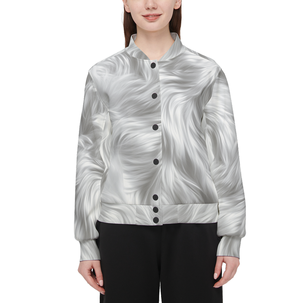 White Fur Print Women's Warm-Up Bomber Jacket