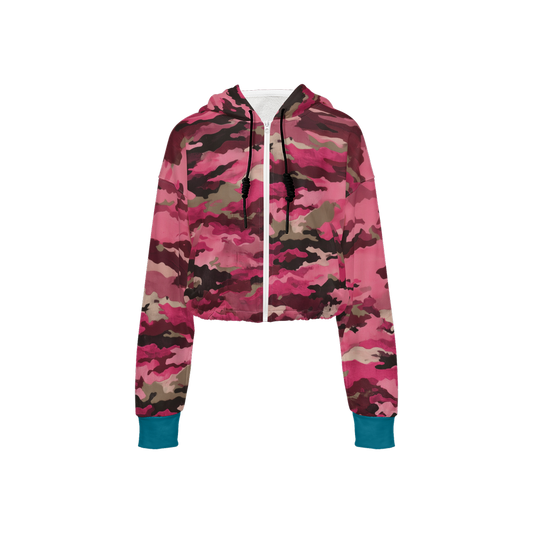 Pink Camouflage Cropped Zip Hoodie With Turquoise Blue Cuffs (Super Heavy)