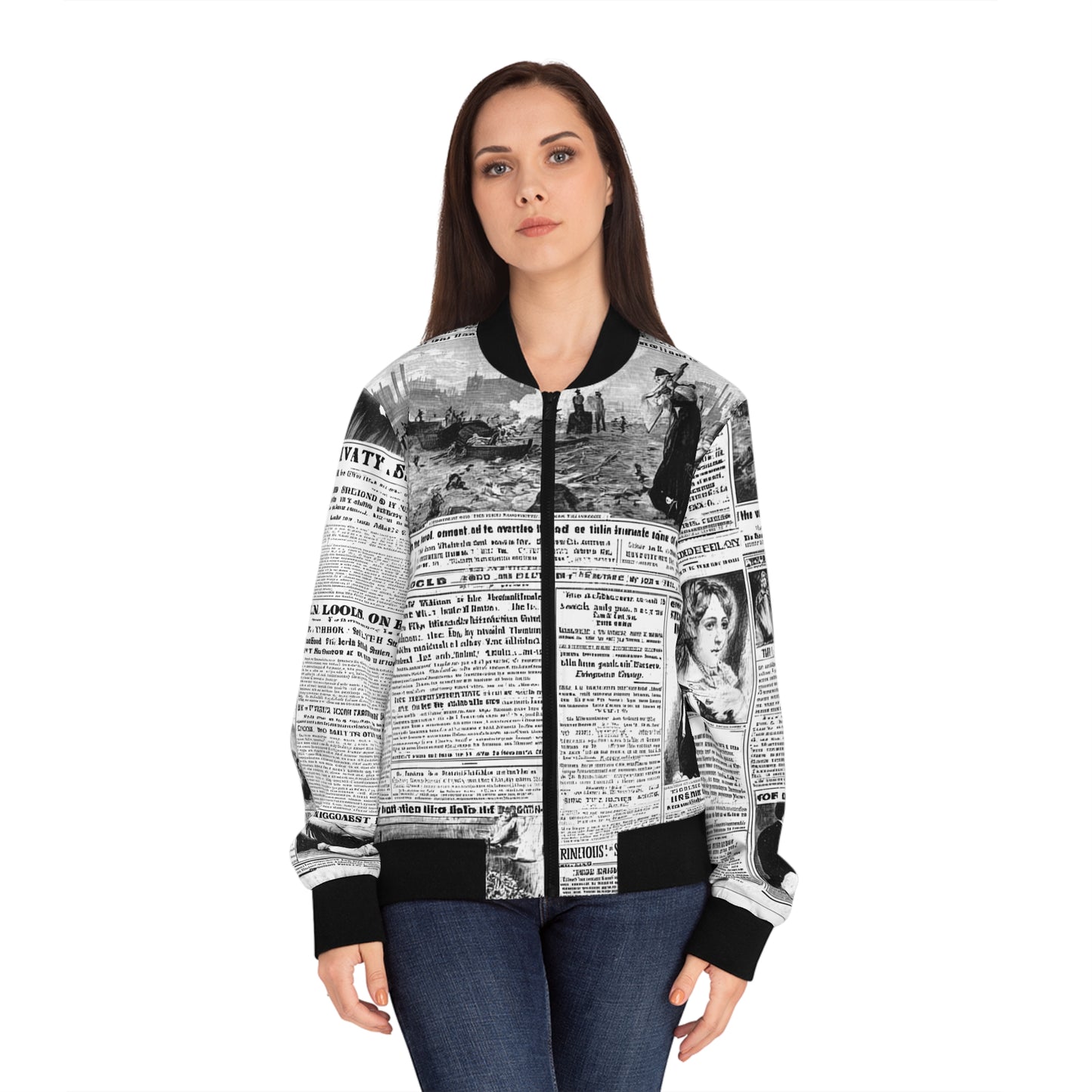 Vintage Newspaper Print Bomber Jacket