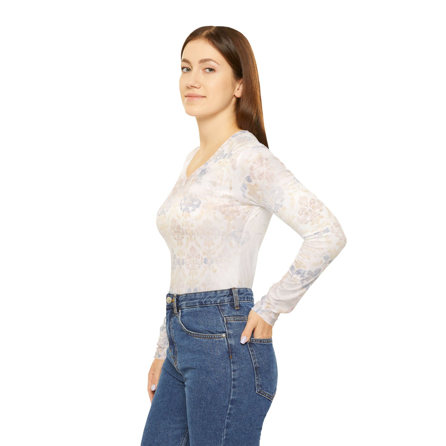 Faded Damask Wall Print V-Neck Top