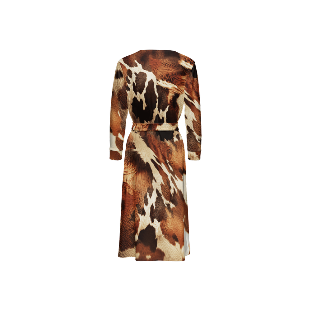 Cow Print ¾ Sleeve Wrap Dress (Heavy Knit)