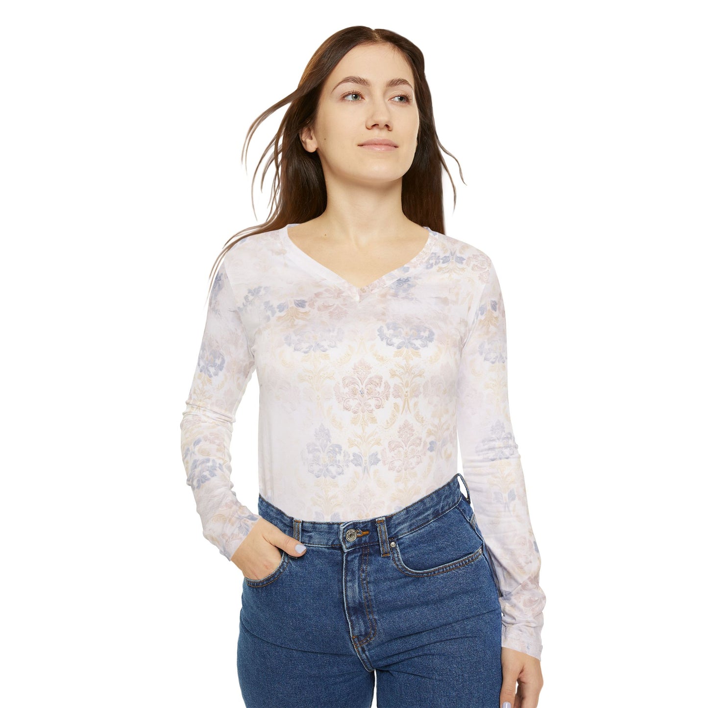 Faded Damask Wall Print V-Neck Top