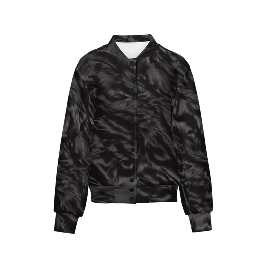 Black Fur Print Women's Warm-Up Bomber Jacket