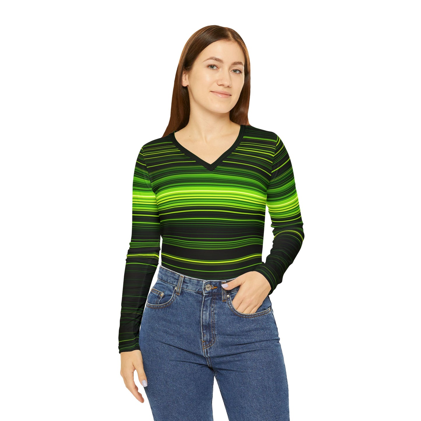 Neon Green Stripe Print V-Neck Top