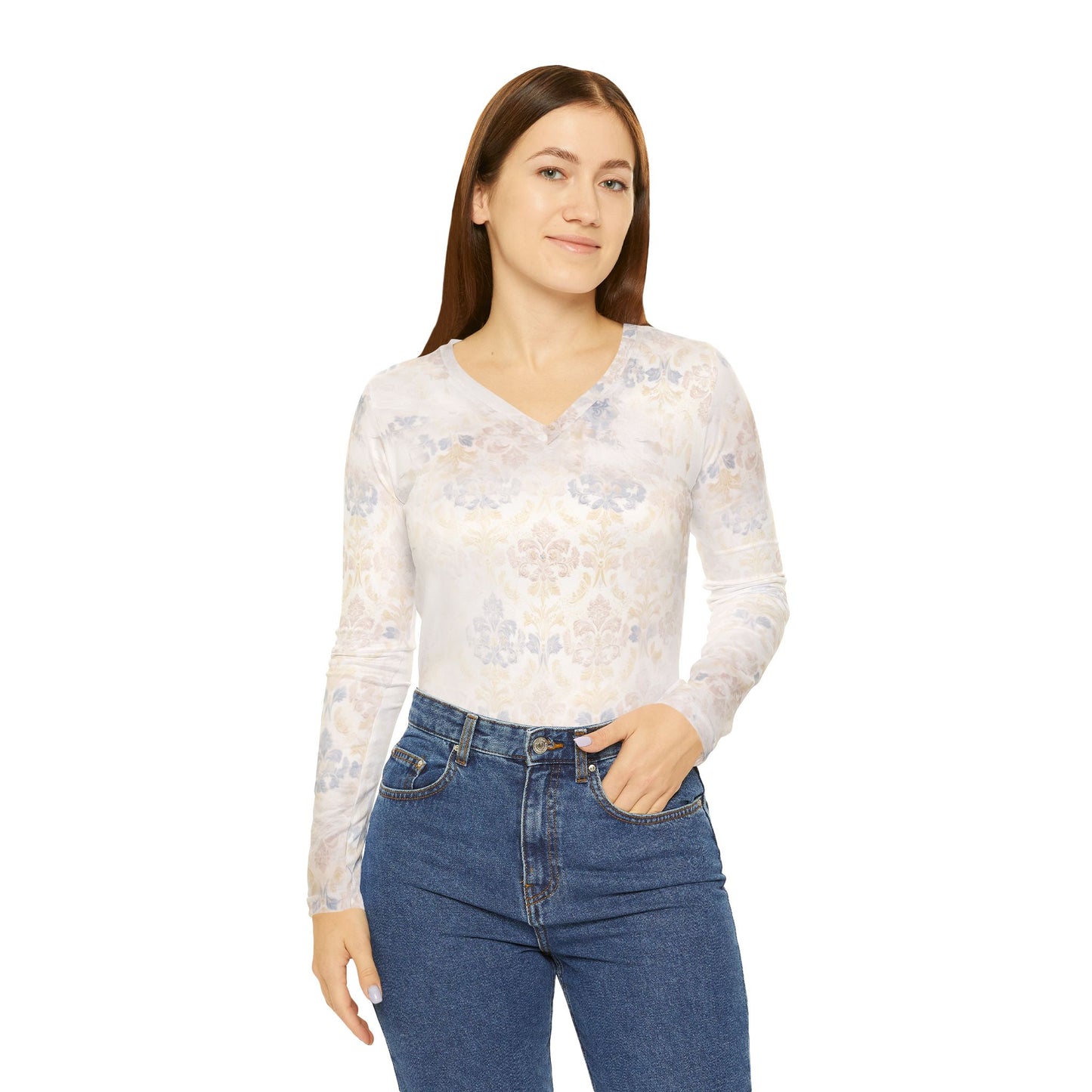 Faded Damask Wall Print V-Neck Top