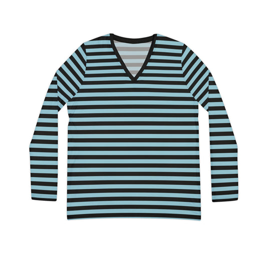 Aqua & Black Striped V-Neck Top