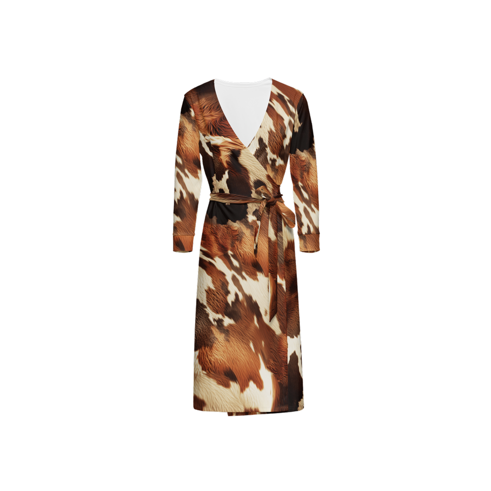 Cow Print ¾ Sleeve Wrap Dress (Heavy Knit)