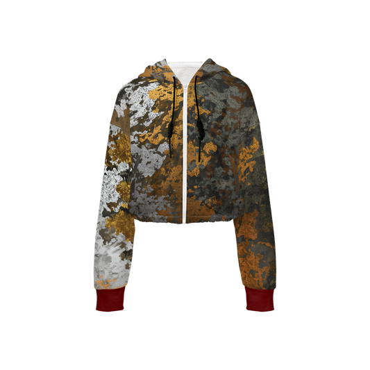 Gold, Silver & Bronze Camouflage Print Cropped Zip Hoodie With Dark Red Cuffs (Super Heavy)