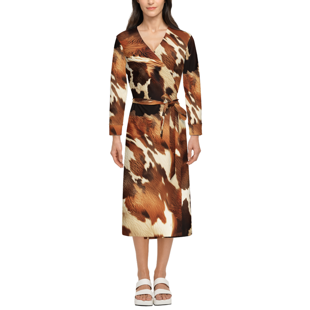 Cow Print ¾ Sleeve Wrap Dress (Heavy Knit)